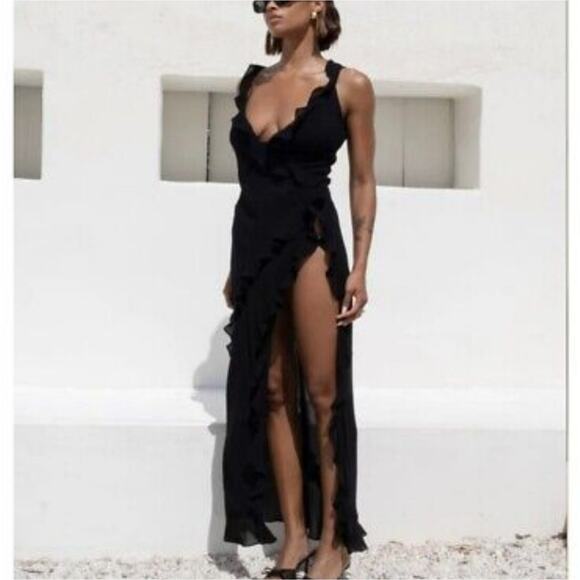 NEW Rumored NWT Sheer Ruffle Wrap Maxi Coverup Black M - Picture 2 of 14